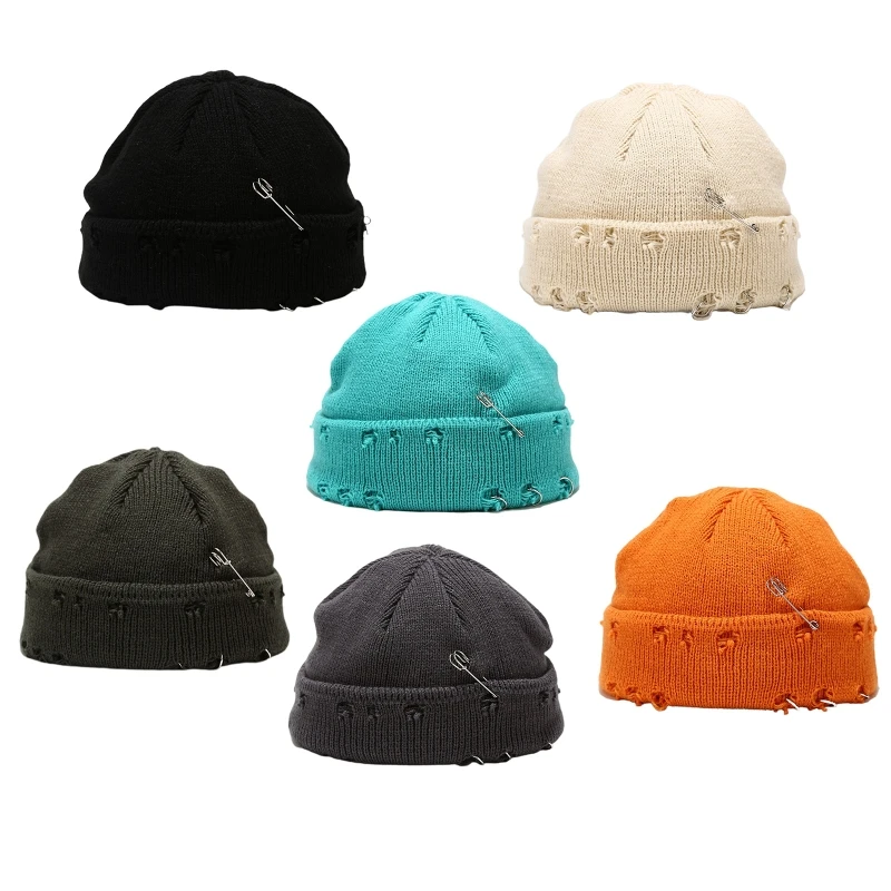 

Winter Knit Beanie Hat with Pins O-Ring Distressed Hole Cuffed Melon Skull Cap