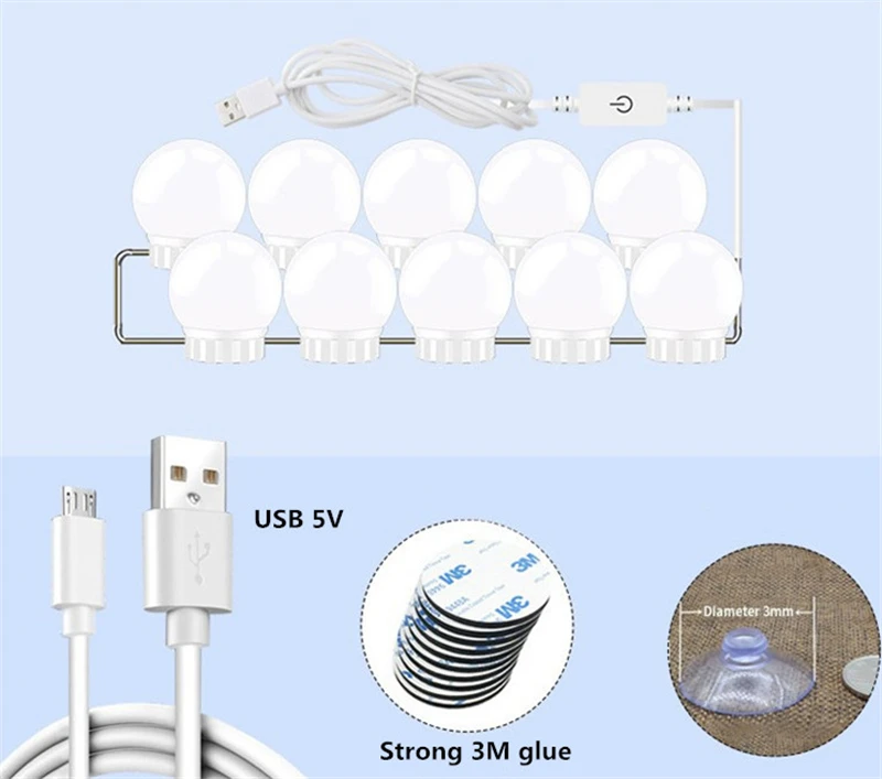 Косметическое зеркало, косметический светодиодный светильник, лампочка, комплект, usb порт для зарядки, косметический светильник, ed зеркала для макияжа, лампа, регулируемая яркость, светильник s