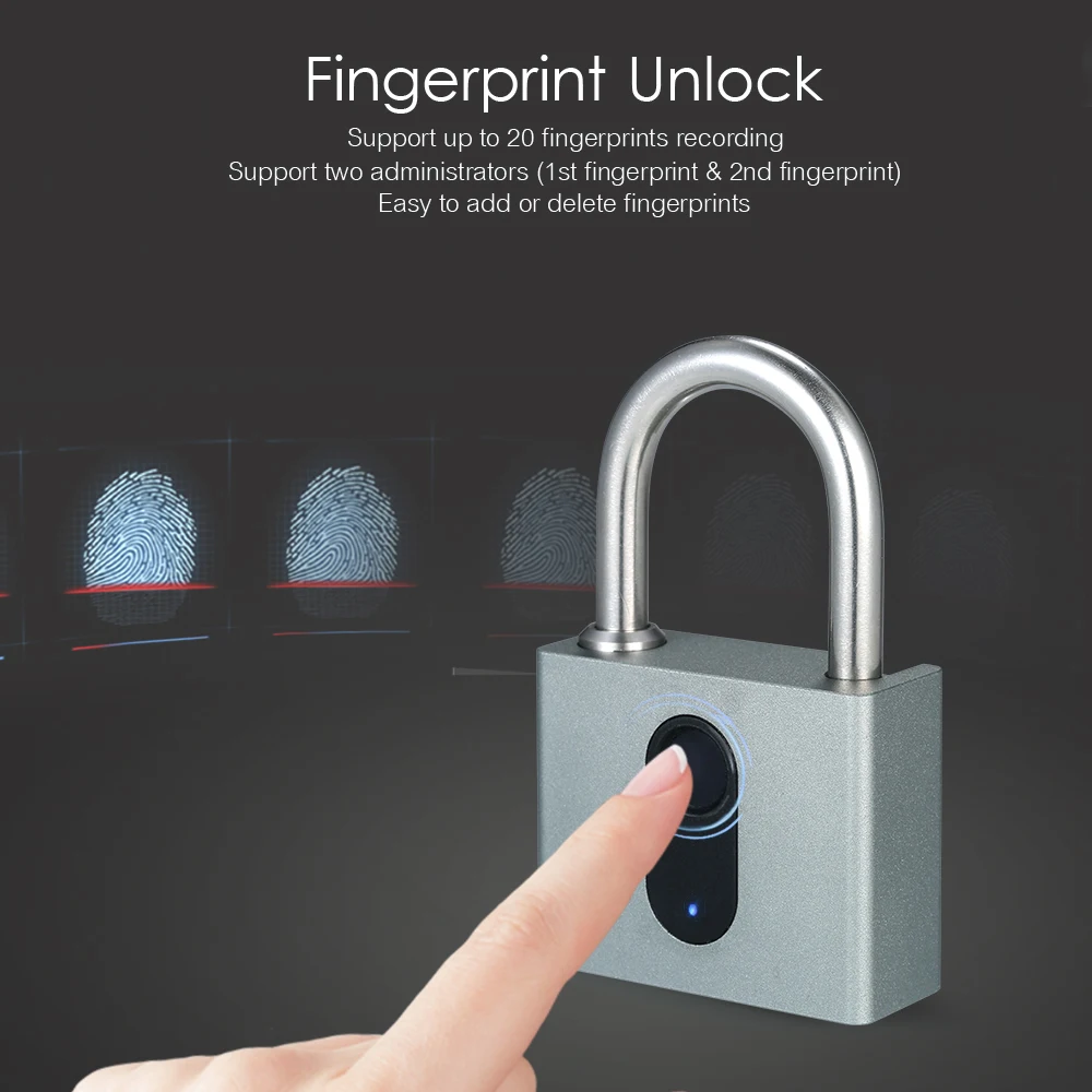 

Hot 20 Sets Fingerprints Smart Fingerprint Lock USB Rechargeable Waterproof Anti-Theft Security Padlock Keyless Door Luggage Loc
