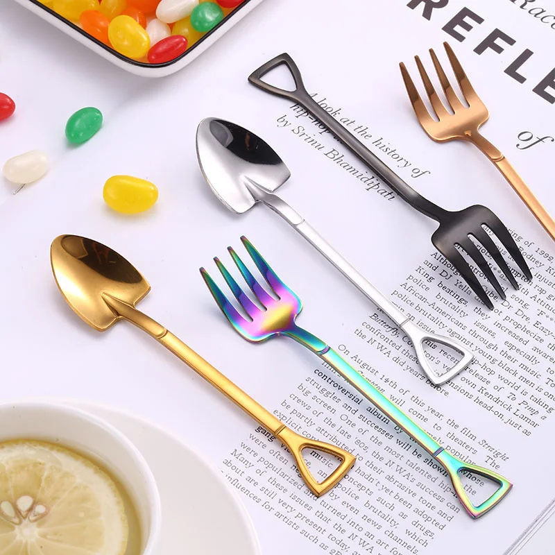 

1Pc Creative Metal Ice Cream Coffee Spoon Shovel Shape Shell Tea Spoons Fork Afternoon Tea Dessert Long Handle Spoon Tableware