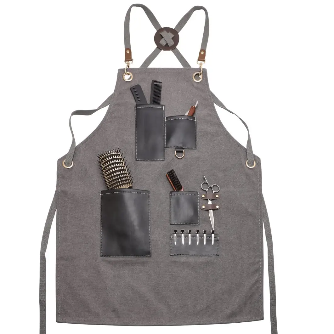 Barber Apron Canvas Cross Back Pinafore with Pockets Multifunction Kitchen Cooking Baking Bib Salon Leather Hairdresser Cape 5