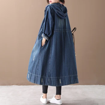 

Female new autumn and spring korean style plus plus size outerwear washable hooded long with zip loose denim trench