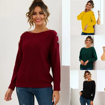 

Korean Style Women Sweater Button Long Sleeve Autumn Pullover Sweters Women Invierno 2019 Loose Solid Knitted Sweater Black Tops