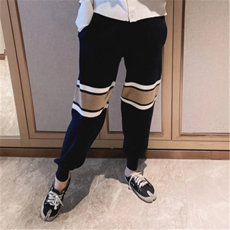 

2020 Autumn New Classic Contrast Striped Patchwork Women Trousers Loose Cropped Harem Knitted Pants Casual Sports Pants Women