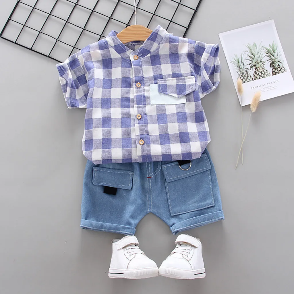 

Baby Boys Cartoon Clothes Set Kids Plaid T-shirt and Letter Denim Shorts Baby Boys Stripe Tops+Short Pants Outfits Set 