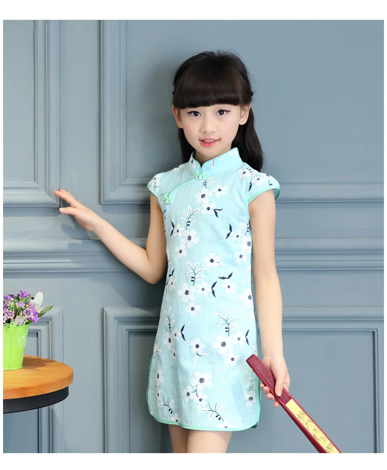 Элегантное платье Ципао для девочек, Vestidos Cheongsam, детская одежда, винтажная детская одежда с цветочным принтом, летние платья для маленьких