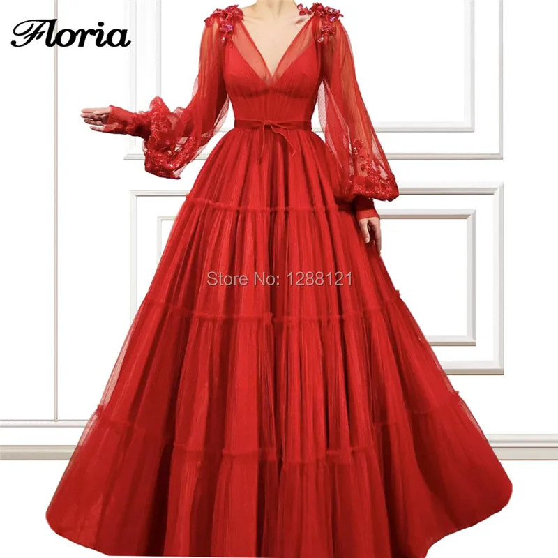 Арабская, Дубай, вышивка, красные вечерние платья с длинным 2019 Robe De Soiree мусульманское с v-образным вырезом турецкое вечернее платье