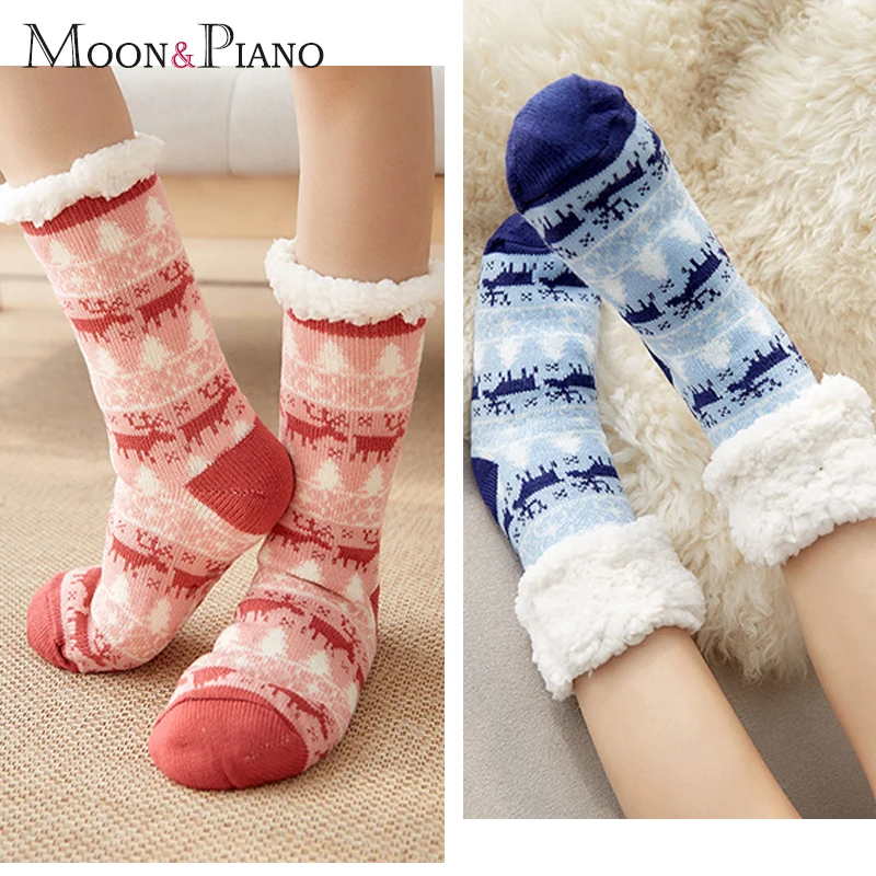 Женские домашние носки, зимние, теплые, милые, милые, с рисунком лося, в стиле героев мультфильмов, толстые, синие, красные, женские носки для сна