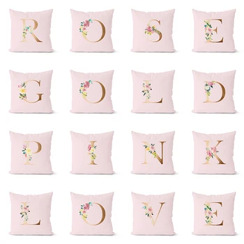 

Pink Rose Throw Pillow Case 26 English Gold Letter Cushion Covers for Home Sofa Chair Decorative Pillowcases Set