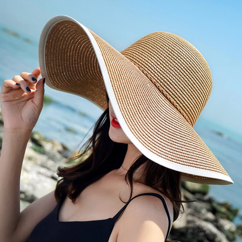 HT3074 Large Big Wide Brim Hat Women Solid Summer Sun Hat Ladies Packable Floppy Straw Hat Women Beach Cap Female Dome Beach Hat 1