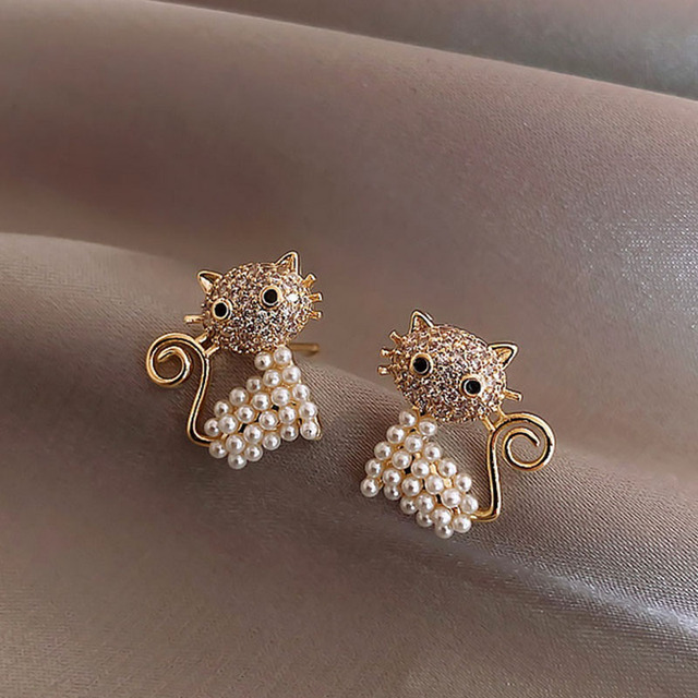 Animal Stud Earrings For Women Cat Simulated Pearl Earring Kitten Horse Bird Rhinestone Earring Girl Party Birthday Jewelry
