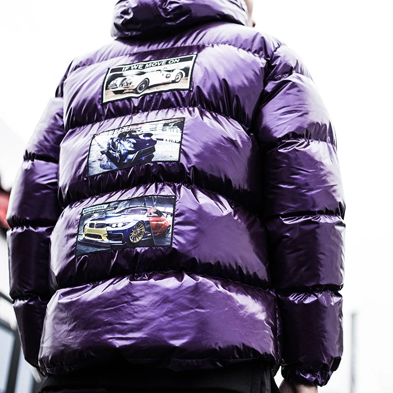 PurPle Уличная Яркая Серебряная куртка, пальто для мужчин, Толстая Теплая стеганая парка с капюшоном в стиле хип-хоп, с принтом кота, корейский японский стиль, Куртка Harajuku - Цвет: PurPle