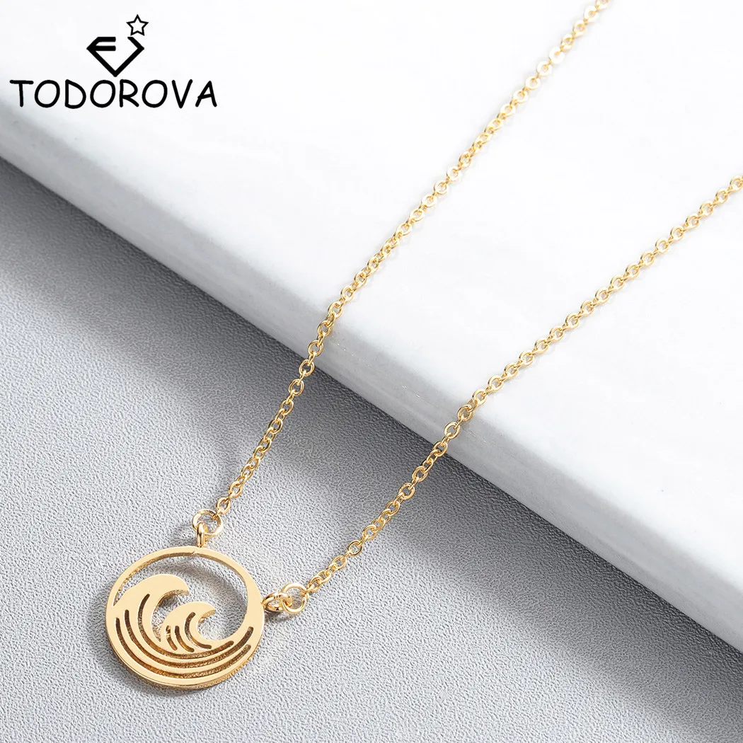 

Todorova Surf Sea Pendant Necklace for Women Ocean Wave Necklace Stainless Steel Jewelry Link Chain Circle Necklaces Beach Gift
