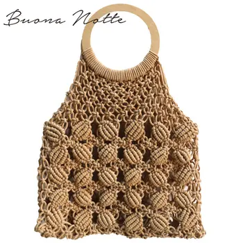 

2020 spring and summer new woven bag hollow beach bag wooden handle ring straw handbag female tote