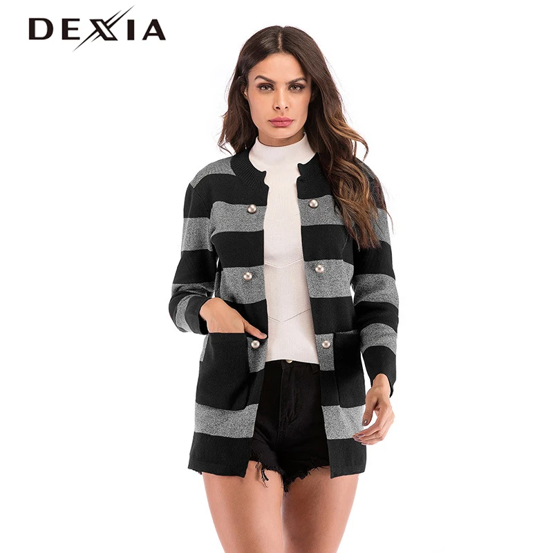 

DEXIA Autumn Striped Casaco Feminino Jackets Single Breasted Long Length Pockets Slim Fit Round Neck Spring Casual Tops Ladies
