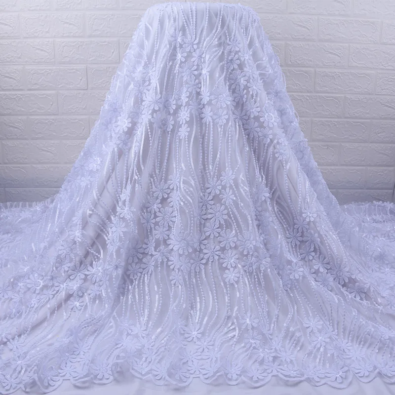 

Zhenguiru White French Milk Silk Sequined Lace Fabric 5Yards African Lace Fabric For Wedding Nigerian Floating Flower ClothA1805