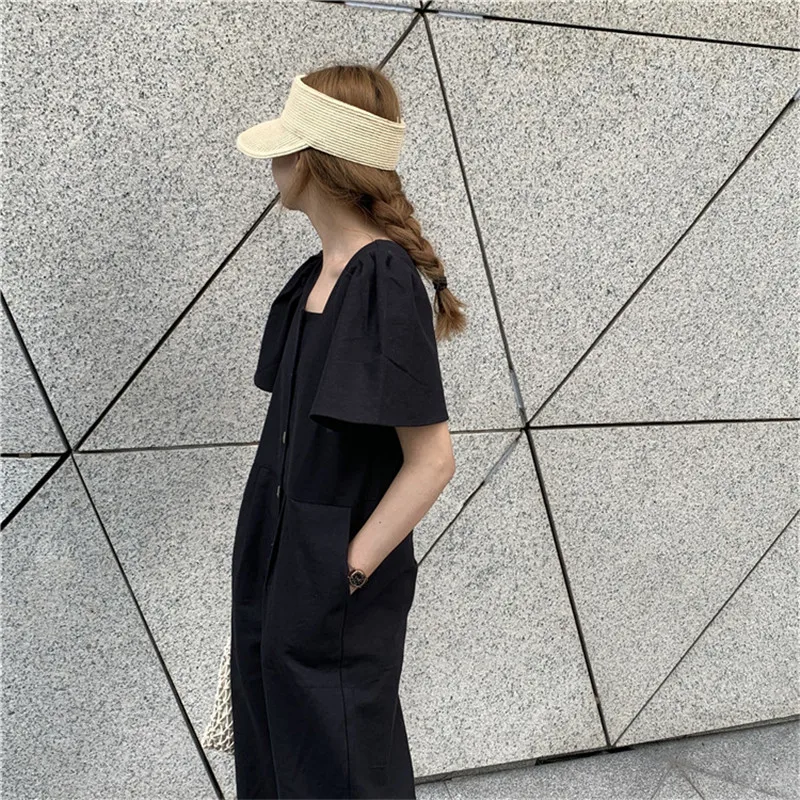 Limiguyue women plus size jumpsuit short sleeve square neck single breasted loose casual beach women romper femme vintage Y214