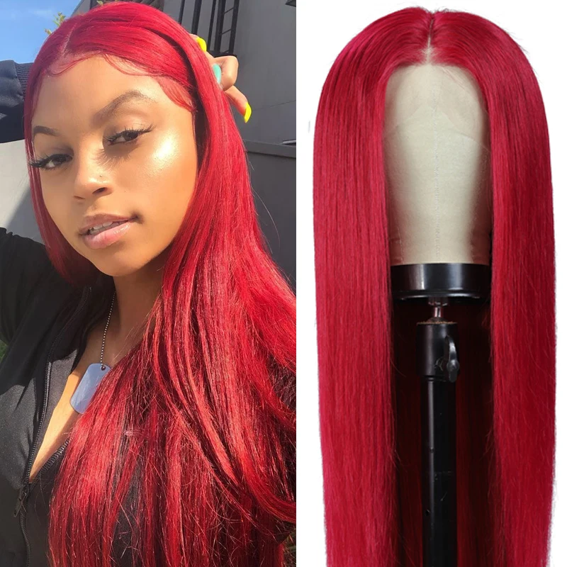 

Straight 13x4 Lace Front Wig Burgundy Red Lace Front Human Hair Wigs Brazilian Pre plucked 150% Density Remy Hair Wig KEMY