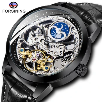 

Forsining Moon Phase Skeleton Dial Design Mechanical Watch Leather Strap Automatic Self-Wind Men Watch Male Sport Wristwatch
