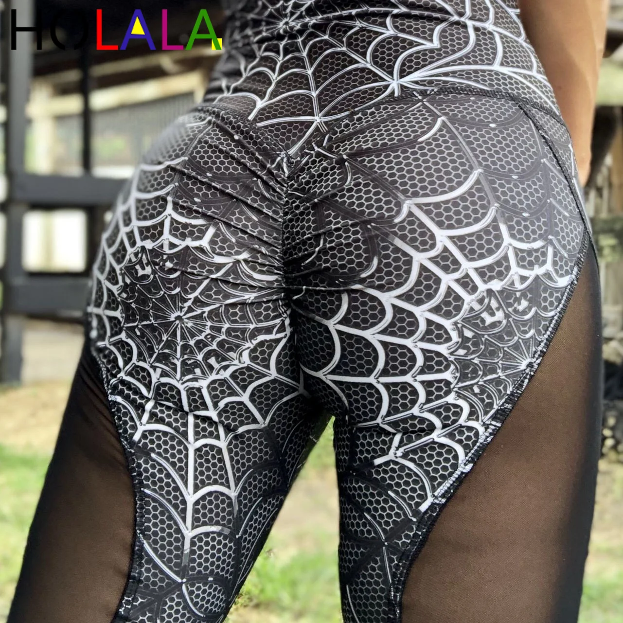 

High Quality Women Spider Print Leggings No Transparent High Knee Stripes Patchwork Push Up Workout Legging Elastic Pants