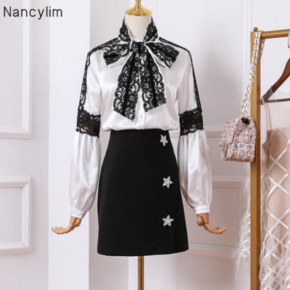 

2019 New Temperament Lady Lace Bow Shirt + High Waisted Skirt Two Piece Suit Women's Sets Female Package Hip Skirts Set Vestido