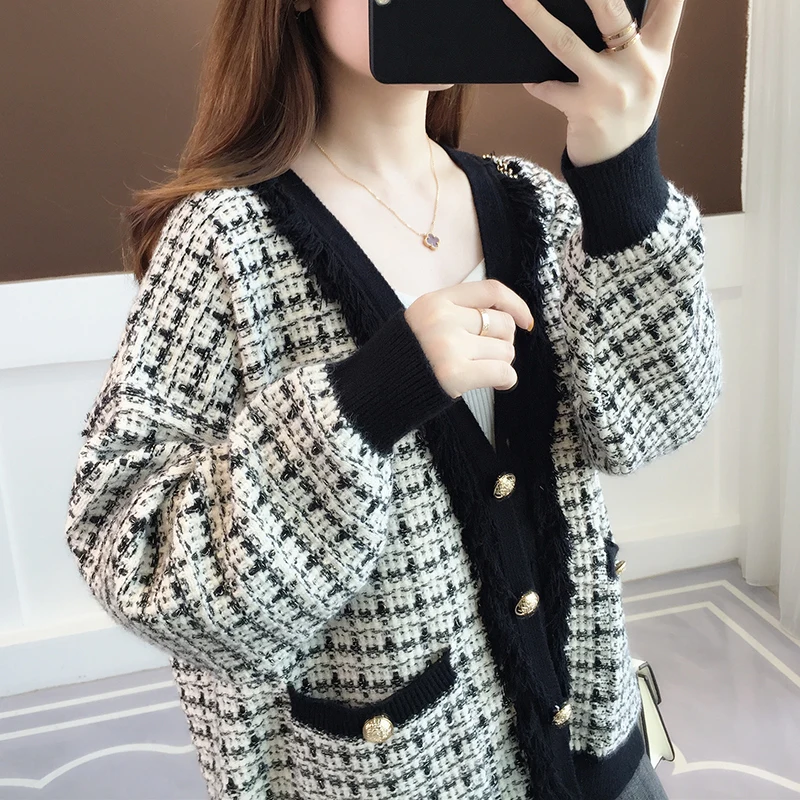 ^*Best Offers Knitted Cardigan Jacket Contrast Color Sweater Female Long Sleeve Knitted Femme Black Pockets