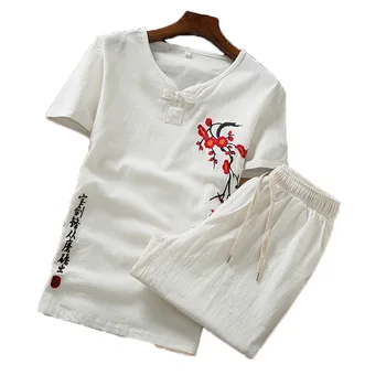 

Middle Guofeng Cotton And Linen Short Sleeve Suit Two-piece Set Embroidery Loose Big Code