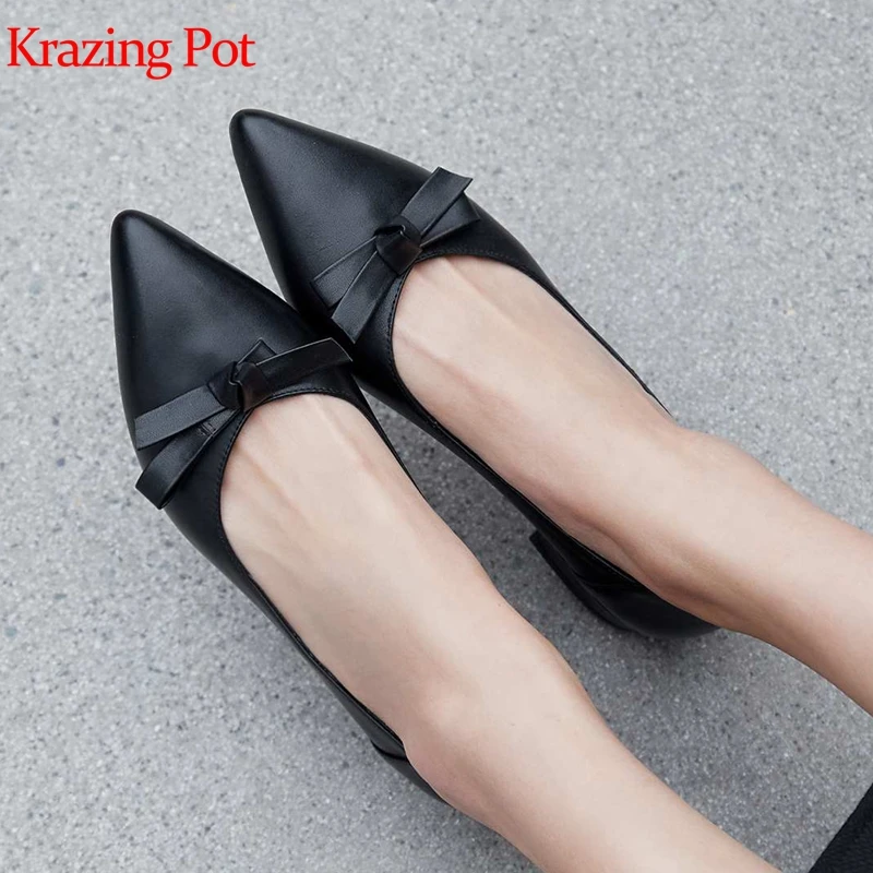 

Krazing Pot 2020 full grain leather butterfly-knot low heels pointed toe European new arrival sexy preppy style career pumps L82