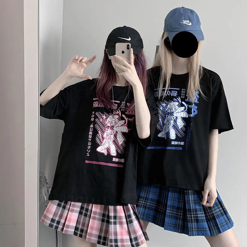 미적 Camisas Mujer 하라주쿠 티셔츠 Kawaii 닌자 고양이 인쇄 검은 여름 한국 팝 Streetwear 여성 세련된 캐주얼 탑스 티셔츠