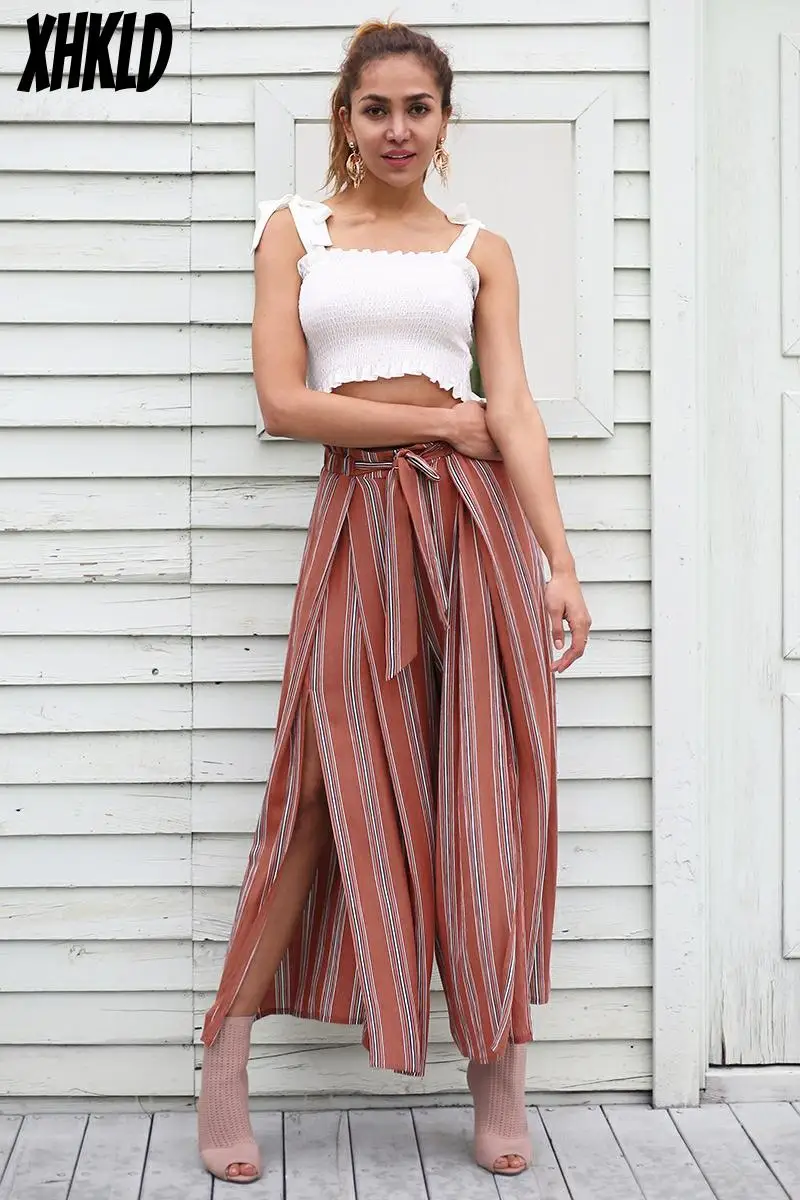 Новинка 2018 широкие брюки в полоску с высоким разрезом женские летние пляжные
