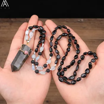

Natural White Quartz Freeform Point Pendant Black Tourmaline Quartz Crystal Chip Beads Knot Handmade Necklace 32 Inch Long