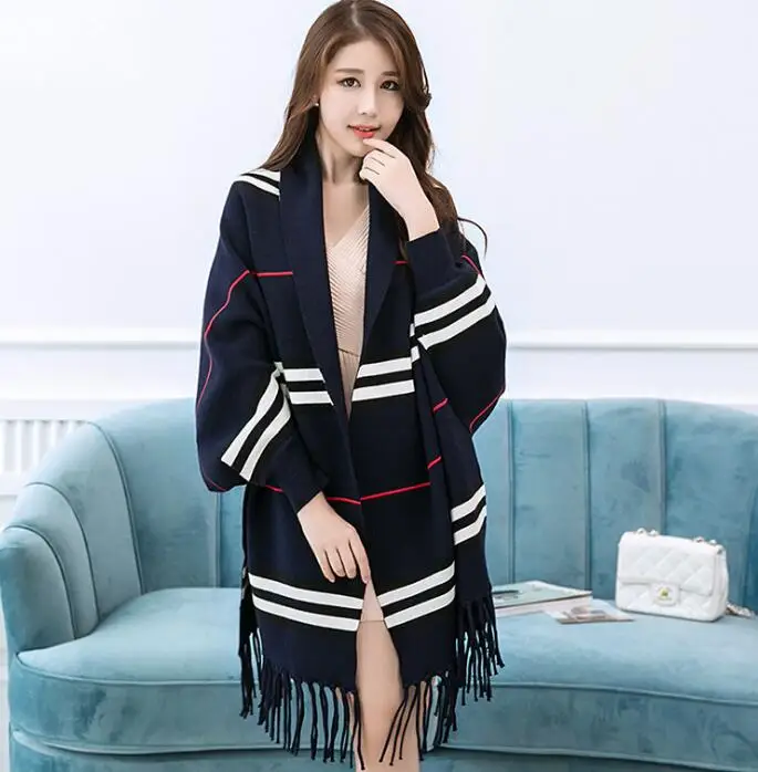 Модный женский вязаный кардиган весна осень stripeMid длинные кисточки свитер-накидка пальто шаль s300 - Цвет: Черный