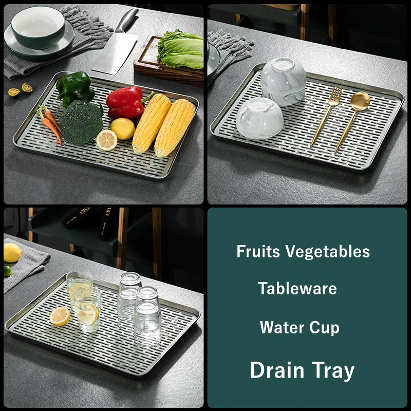 Tea Tray 304 Stainless Steel Chinese Tea Tray Rectangle Hollow Drain Board Barbecue Filter Oil Plate Cup Food Storage Pan Ceremony Tools