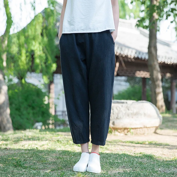 Johnature Loose Comfortable Solid Color Pockets Elastic Waist All-match Calf-length Pants 2020 Autumn New Women Straight Pants