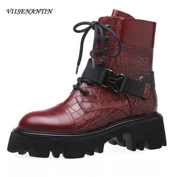 

Crocodile Pattern Thick Heel Patent Leather Short Tube Fashion Sponge Cake Leather European American Style Design Boots Women