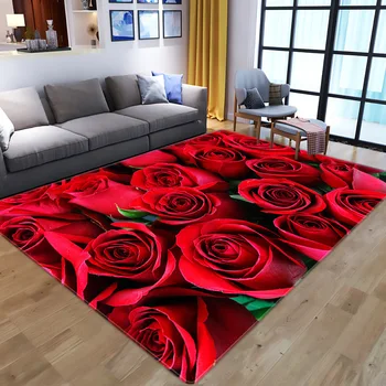 

Household 3D Rose Flower Living Room Bedroom Dining Room Carpet Bay Window Anti-slip Mat Red Carpet Doorway Mat