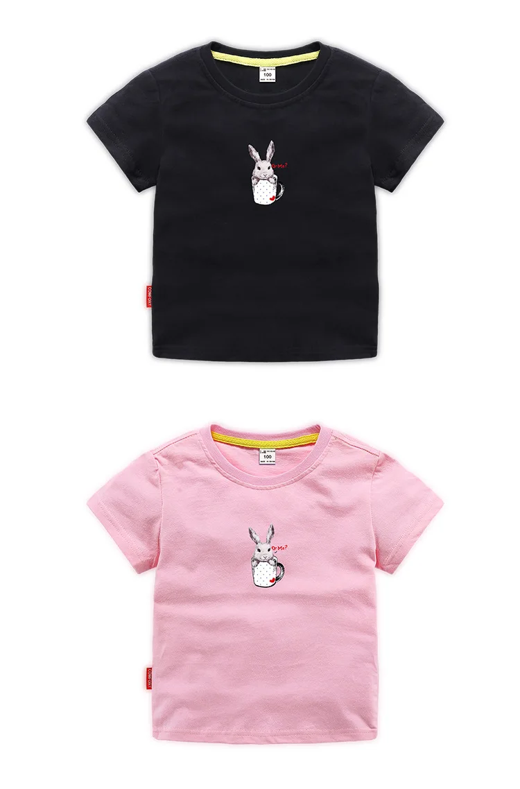Летняя детская Рождественская одежда хлопковая однотонная Детская Повседневная футболка с короткими рукавами и принтом кролика для маленьких девочек Футболка
