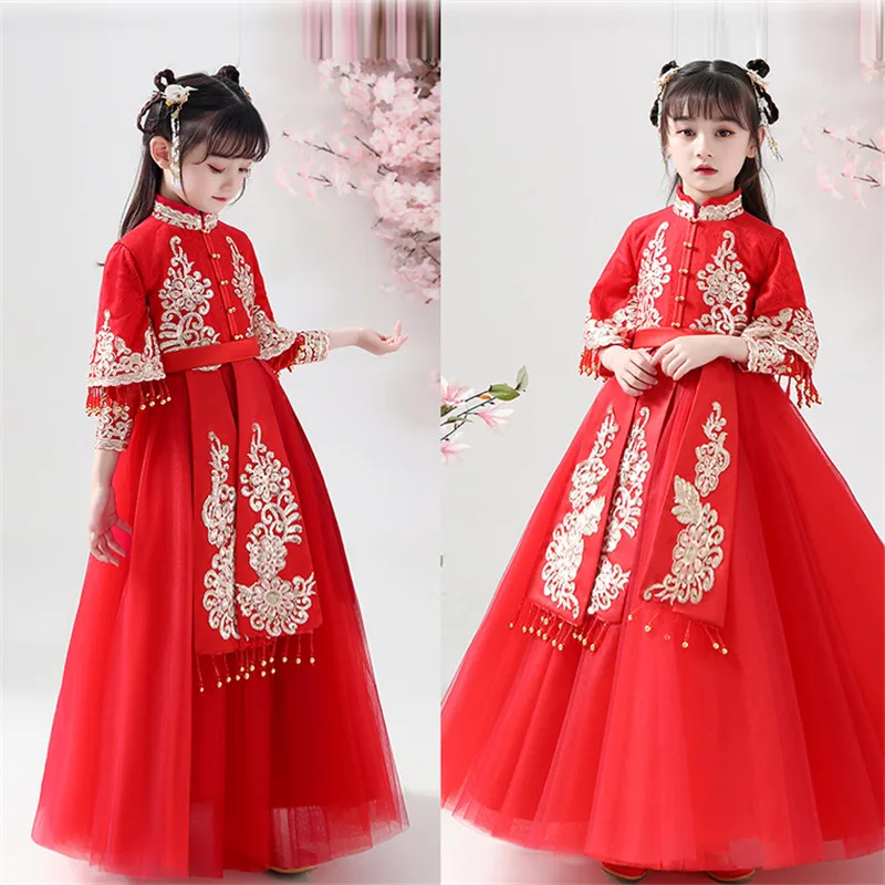 Новинка года; элегантное красное Новогоднее праздничное платье Ципао в китайском стиле для девочек Детский костюм для подростков; сезон осень платье ханьфу