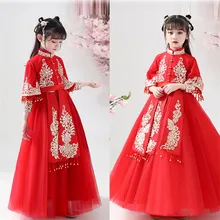 Новинка года; элегантное красное Новогоднее праздничное платье Ципао в китайском стиле для девочек Детский костюм для подростков; сезон осень платье ханьфу