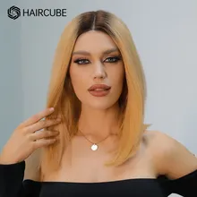 

HAIRCUBE Dirty Blonde Human Hair Wigs for Women Medium Length Straight Bob Wig Ombre Blodne T Part 13*1 Lace Wig Remy Human Hair