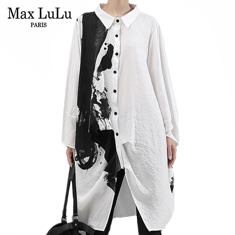 Max LuLu/, корейские роскошные женские осенние уличные рубашки в стиле панк, большие размеры, Длинные рубашки, винтажные топы, блузы с принтом, свободная одежда