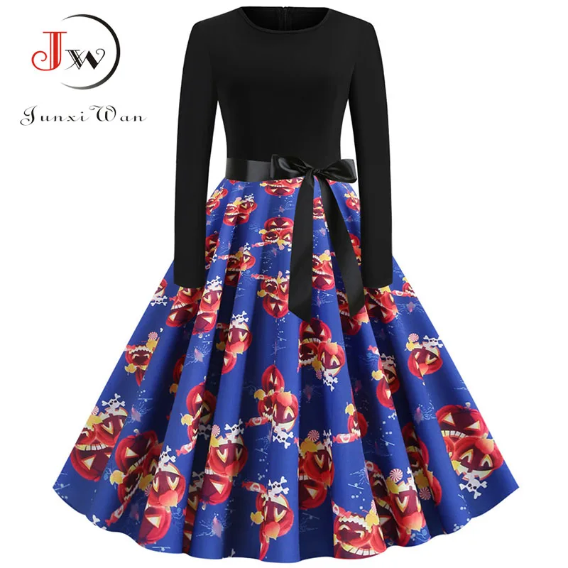 Junxi Wan/повседневное винтажное платье с длинными рукавами и принтом тыквы на Хэллоуин зимние черные элегантные вечерние платья в стиле пэчворк - Цвет: 012