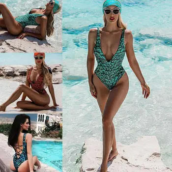 

Sexy Women One-Piece Suits Swimsuit Swimwear Push-up Monokini Bikini Bathing Summer Deep V Neck Print String Bandage Backless