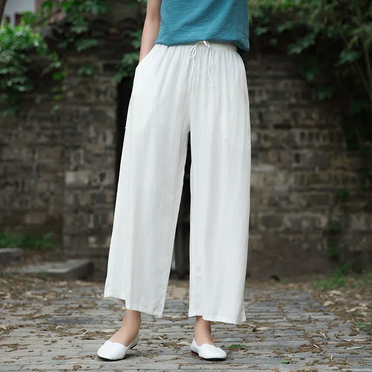 Johnature 2020 Autumn Women New Retro Elastic Waist Cotton Linen Lace Up Wide Leg Pants Loose Casual All-match Ankle-length Pant