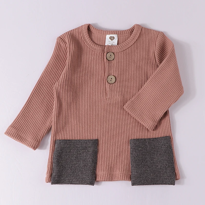 Top kds t-shirt lange sleevesoutfit winter rippen top kontrast tasche baby jungen mädchen kleidung herbst und winter kinder t-shirt – Detail 3