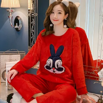 

2020 Winter Pajama Women Korean Sleepwear Cute Cartoon Flannel Pajamas Set Velvet Warm Pijama Round Neck Pyjama Homewear Women