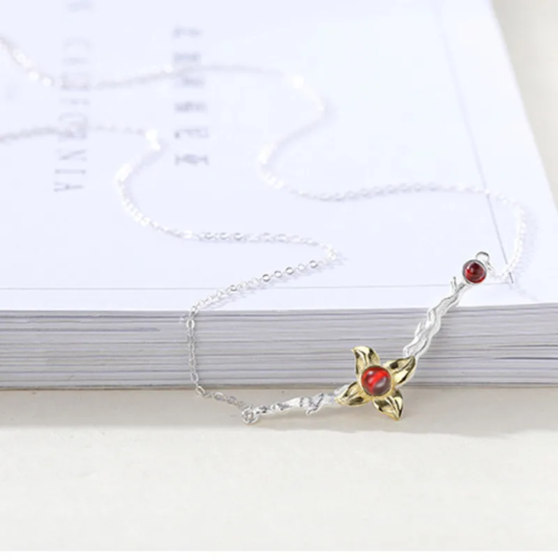 PONYKISS 925 Sterling Silver Garnet Tree Branch Pendant Necklace Delicate Vintage Party Jewelry Accessory Women Fine Gift