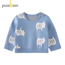 Pureborn/свитер для маленьких девочек; вязаный хлопковый пуловер с рисунком животных; свитер для мальчиков; сезон весна-осень; теплая детская одежда