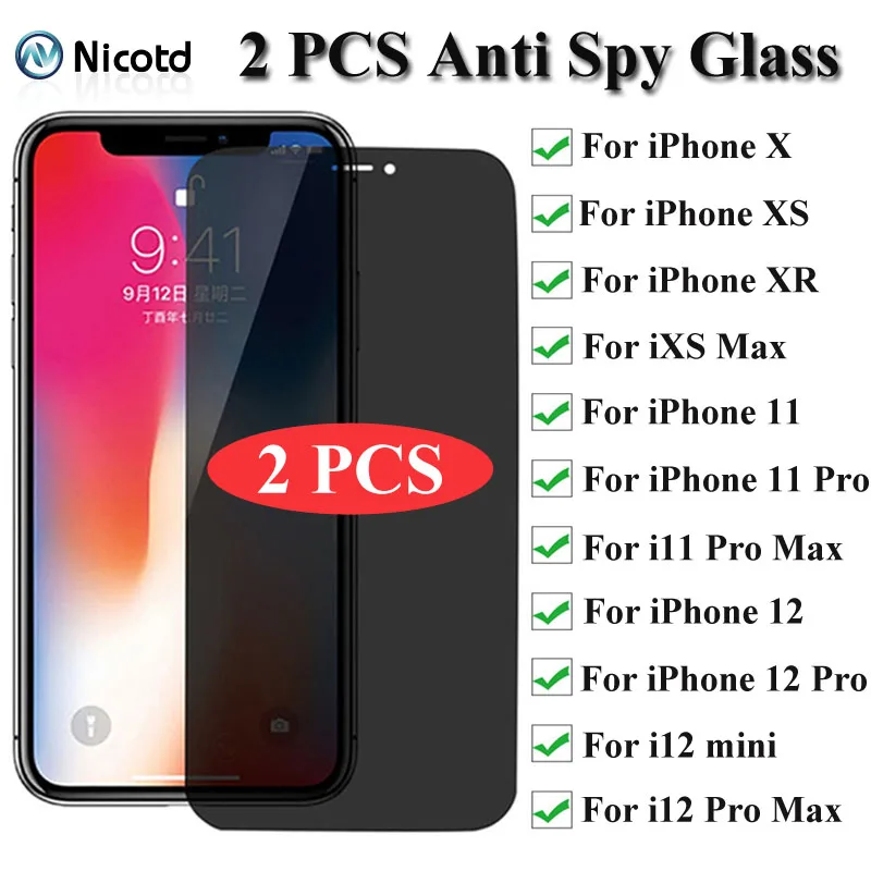 

2Pcs 13 PRO MAX Full Privacy Tempered Glass For iPhone 12 Pro 13 max Anti Spy Screen Protector on X XS XR 11 Pro Max Protective