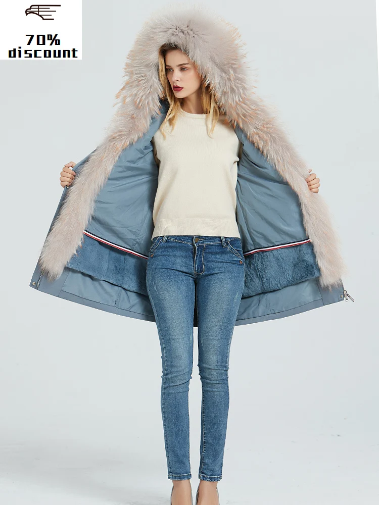 

Real Rabbit Fur Liner Parka Real Fur Coat Winter Jacket Women Raccoon Fur Collar Long Jackets for Women Warm Outwear MY